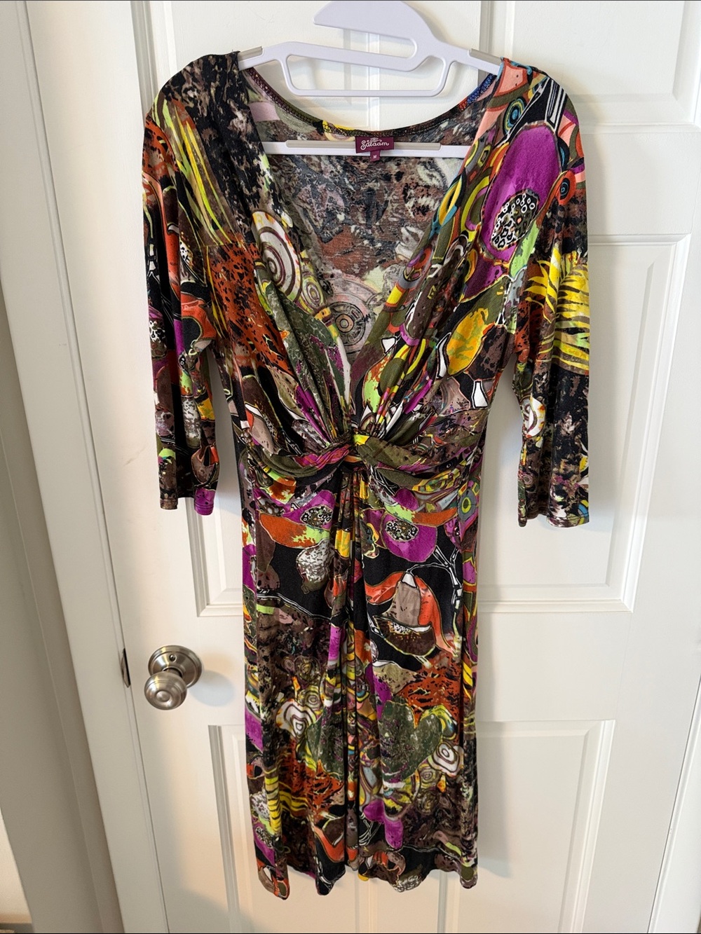 Salaam Multicolor Abstract Print Twist Front Stretchy Dress 3/4 Sleeve Artsy M